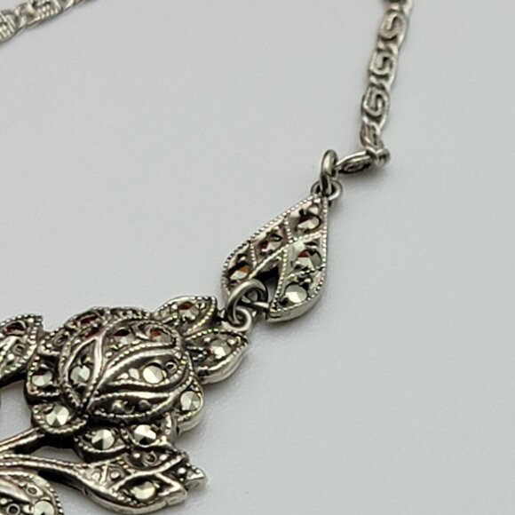 Vtg. Signed Germany Sterling Silver 925 Marcasite Floral Plaque Necklace 15 Inch - Picture 3 of 9